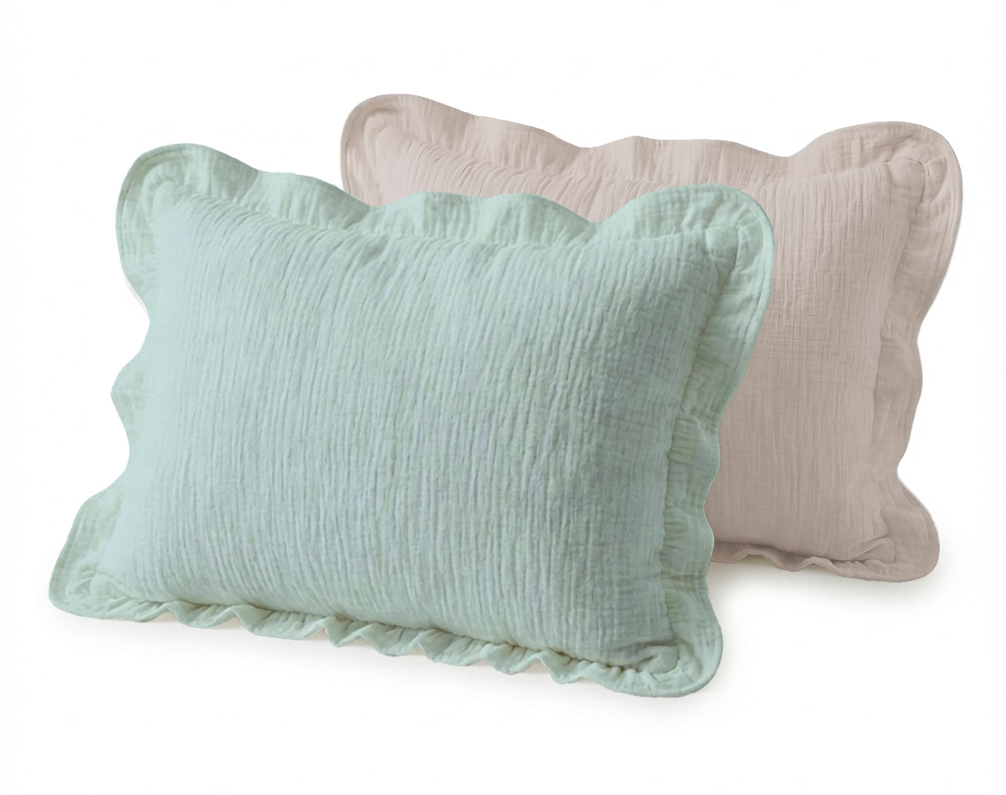 Wimist Toddler Pillowcases for 13"x18" Pillow 2 Pack, Muslin Small Toddler Baby Kids Travel Pillow Covers for Boys Girls with Envelope Closure (Beige & Sage-Ruffled, 13 x 18 Inch)