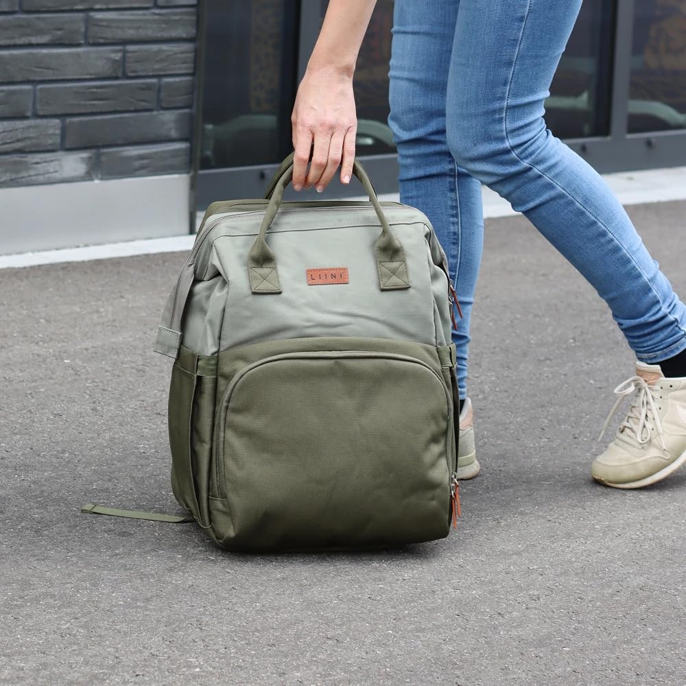 LIINI® Wickelrucksack Olive rPET – 29L Wickeltasche Rucksack aus recycelten PET-Flaschen, wasserfächer für nasse Kleidung, isolierte Flaschenfächer, inkl. Wickelunterlage & Kinderwagenhaken