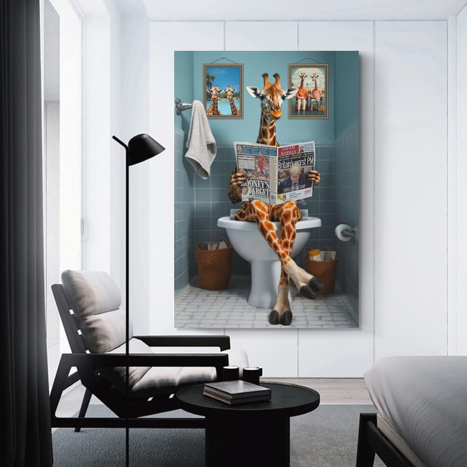 Junmoney Funny Giraffe Using Toilet Wall Picture Print, 08x12inch(20x30cm), for Workspace Walls, Study Corners Or Bedrooms, Wall Art That Adds Style to Work Areas