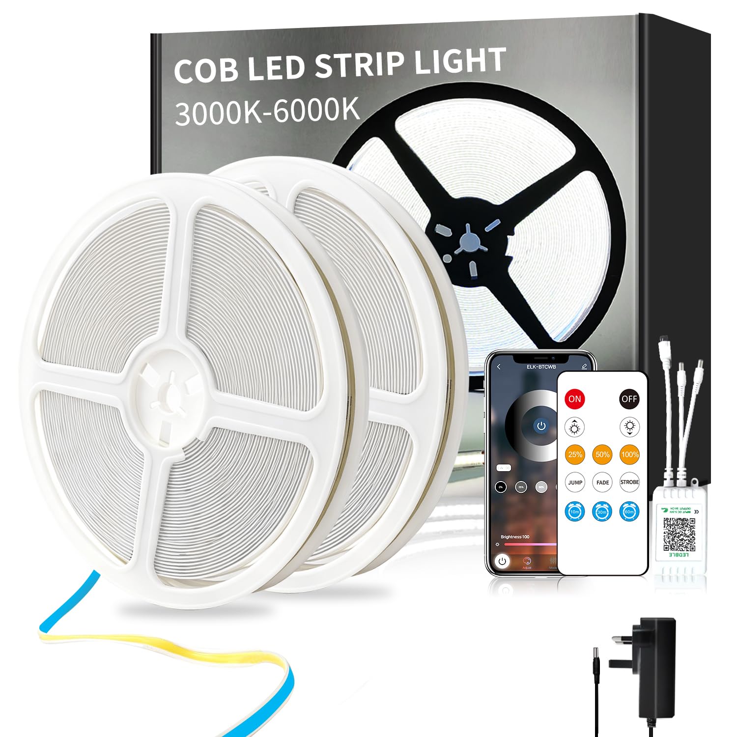 Yeewhale COB LED Strip Lights 6000K White 30M 24V Dimmable LED Strip Kit
