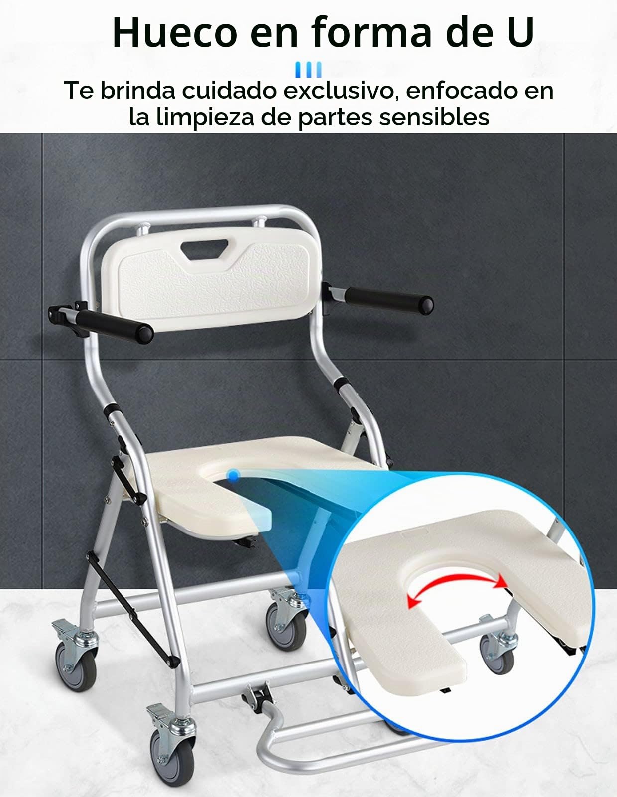 Silla para Ducha con Ruedas Plegable, Taburete de Ducha con Respaldo Extraíble y Apertura en Forma de U, Sillas de Ruedas para Tomar Una Ducha, Ideal para Ancianos, Mujeres Embarazadas