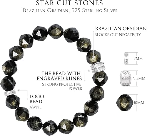 Miniatura 5 de AWNL Pulsera de cuentas para hombre con dije de runas grabadas de plata de ley de 0394in ojo de tigre de obsidiana regalo de piedras preciosas