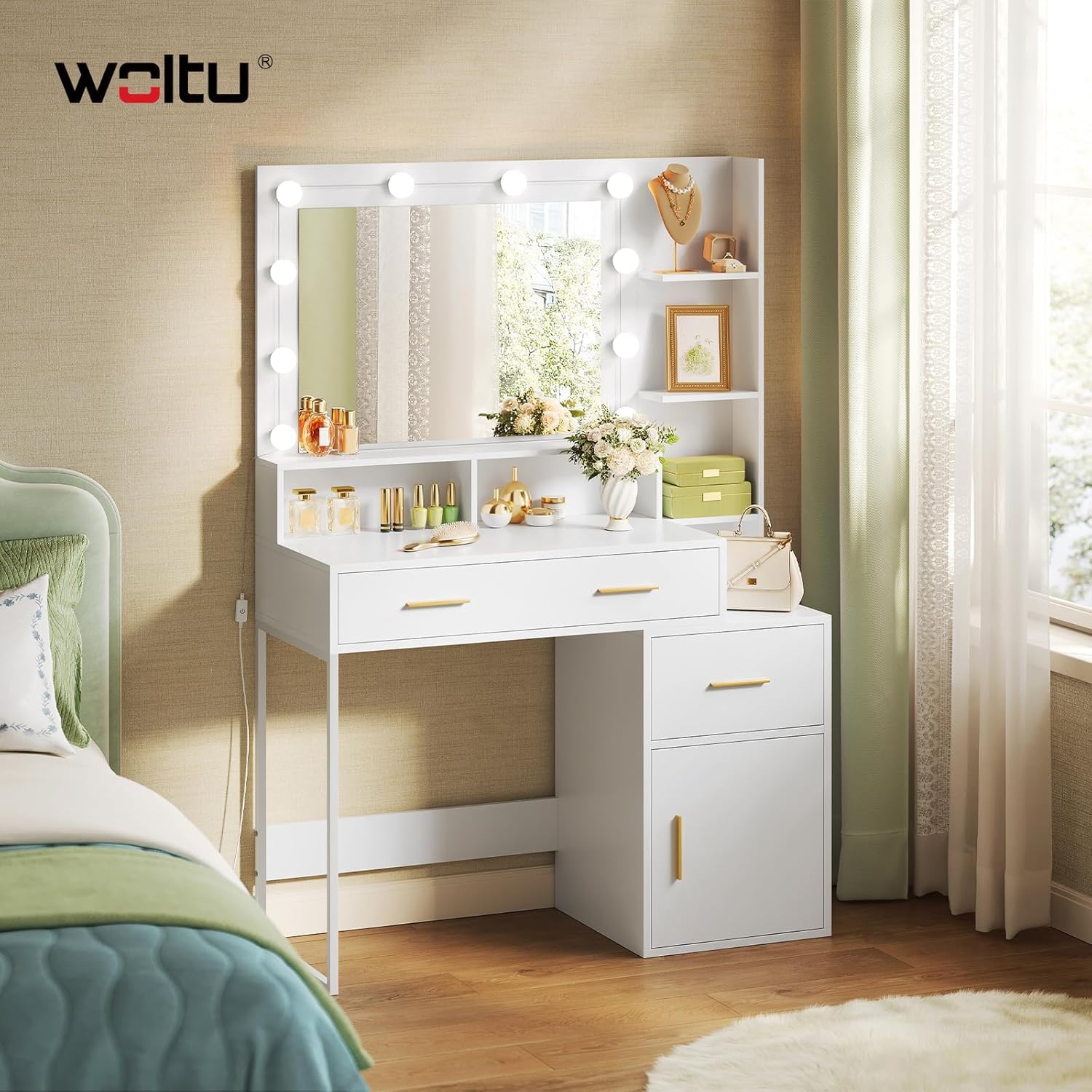 Coiffeuse WOLTU avec Prises de Courant - Table de Maquillage - Miroir LED - 2 Tiroirs et 4 Étagères - Blanc - Maison Coiffeuse WOLTU avec Prises de Courant - Table de Maquillage - Miroir LED - 2 Tiroirs et 4 Étagères - Blanc - Maison