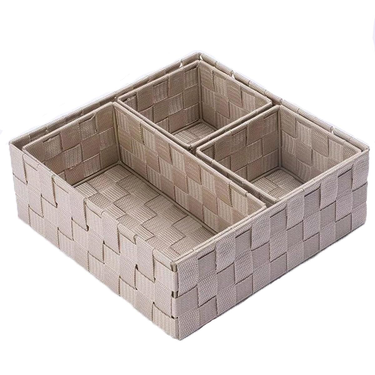 BSTMOME Woven Storage Box Cube Basket Drawer Organizer Divider Basket Box, Storage Tote Bins for Bathroom, Kitchen, Cabinet, Closet, Shelf, Dresser, Store Snacks,Baking Supplies, Set of 4 (Khaki)