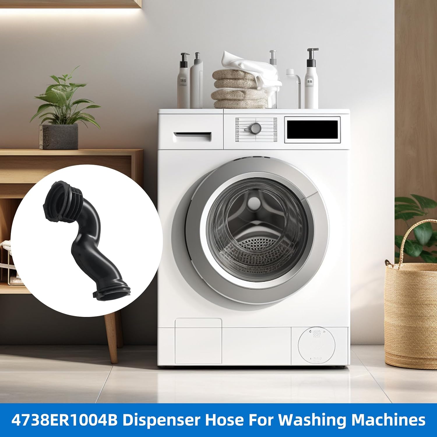 4738ER1004B washing machine hose and clip assembly is suitable for LG/Kenmore, Whirlpool/Amana/Bosch, and replaces models AP4436600, 1267576, AH3523347, EA3523347 and PS3523347