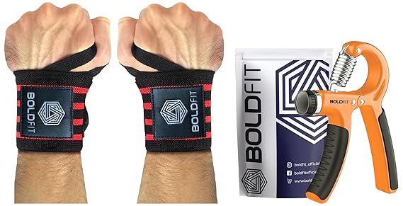 Boldfit Adjustable Hand Grip Strengthener (40 Kg) Orange & Boldfit Wrist Supporter for Gym Wrist Band (Red)