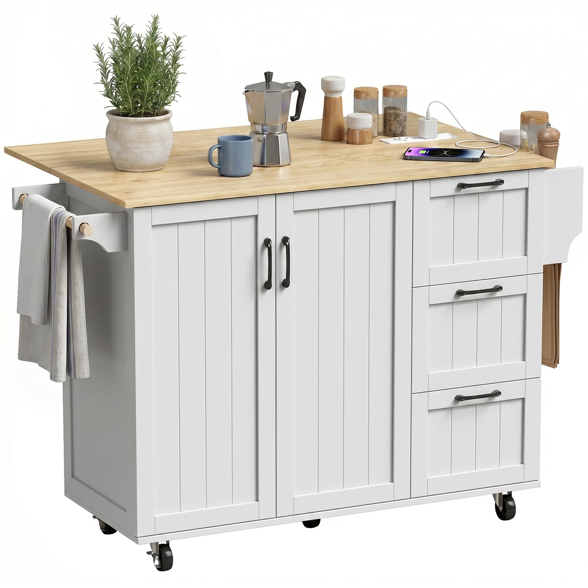 HOMCOM Isla de Cocina con Encimera Extensible y Estación de Carga, Carro de Cocina con Ruedas, 2 Puertas, 3 Cajones, Estantes Ajustables, Especiero y Toallero, Blanco