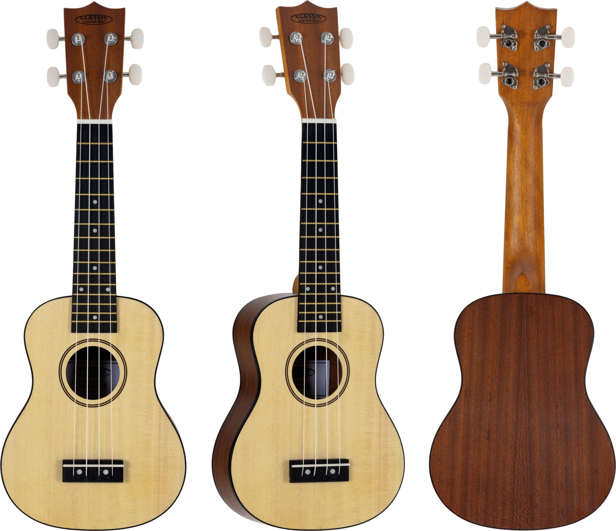 Classic Cantabile Sopran Ukulele Natural Set inkl. Grifftabelle, 15 Bünde | Sopran-Mensur (343 mm), Gesamtlänge: 54 cm, Decke: Fichte, Boden und Zargen: Sapele, Hals: Okoume, Griffbrett: Black Richnite