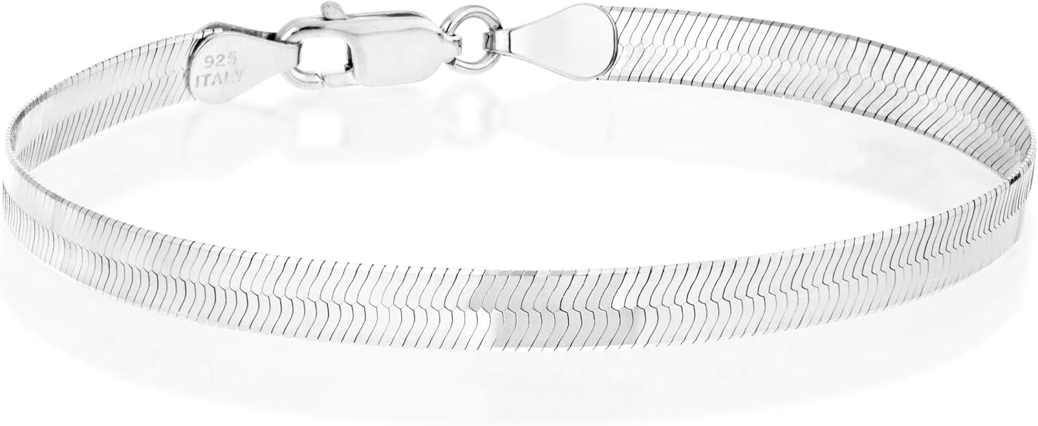 Miabella Italian Solid 925 Sterling Silver, 18K Gold Plated 4.5mm Flexible Flat Herringbone Link Chain Bracelet for Women, Made in Italy