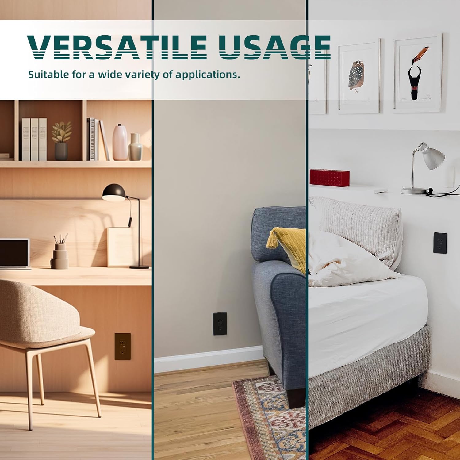 TOPELER Black USB C Outlet Receptacles, 65W Fast GaN Wall Charger Receptacles, 15 Amp TR Electrical Outlet, Compatible with Phone, Tablet, Laptops, Screwless Wall Plate Included, 2 Pack