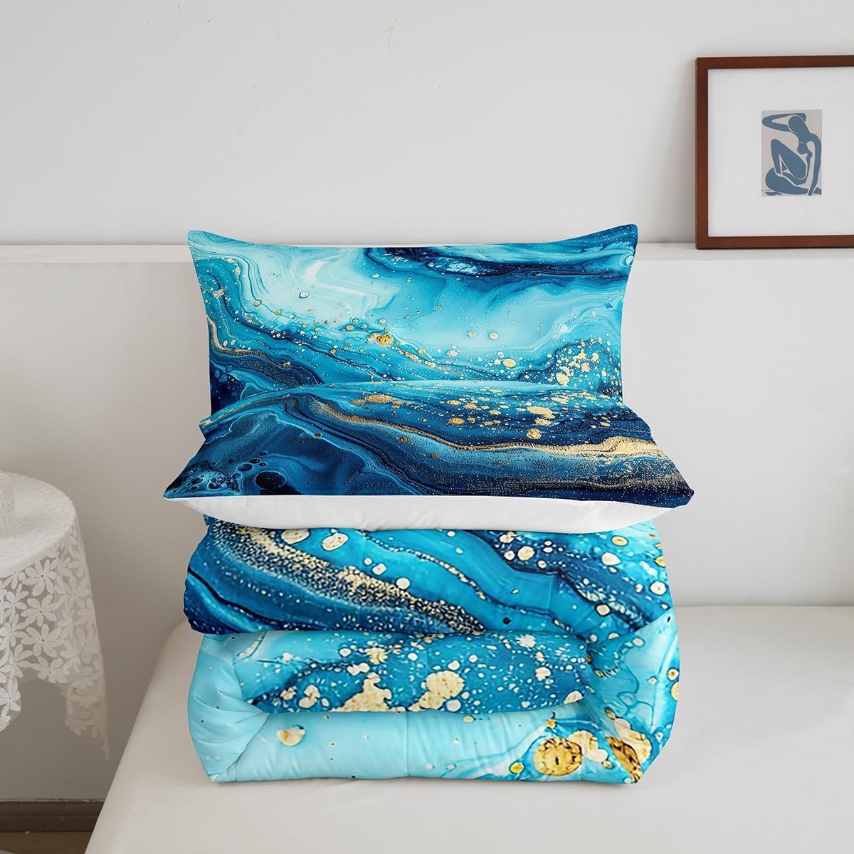 Blue Marble Comforter Set Twin White Texture Bedding for Teen Boy Soft Lightweight Warm Quilt Set,Teal Blue Stone Grain Print Duvet Insert for Kid Girl Retro Style Watercolor Artwork Down Alternative