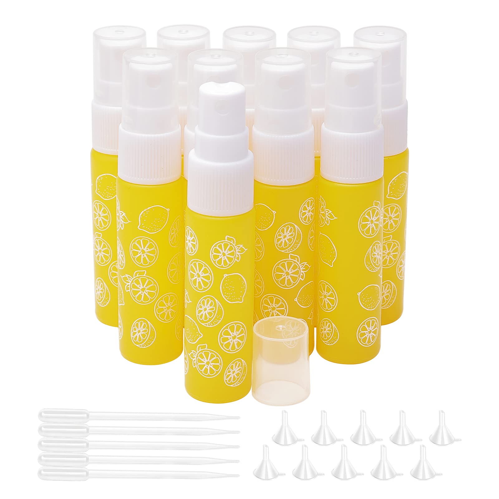 Pxyelec Yellow 10Pcs Spray Bottle, 10Ml Refillable Empty Glass Mist Spray Bottles With 10Pcs Funnels And 5Pcs Droppers, Perfect For Dispense Light-Proof Perfume Essential Oil Lotions Toners