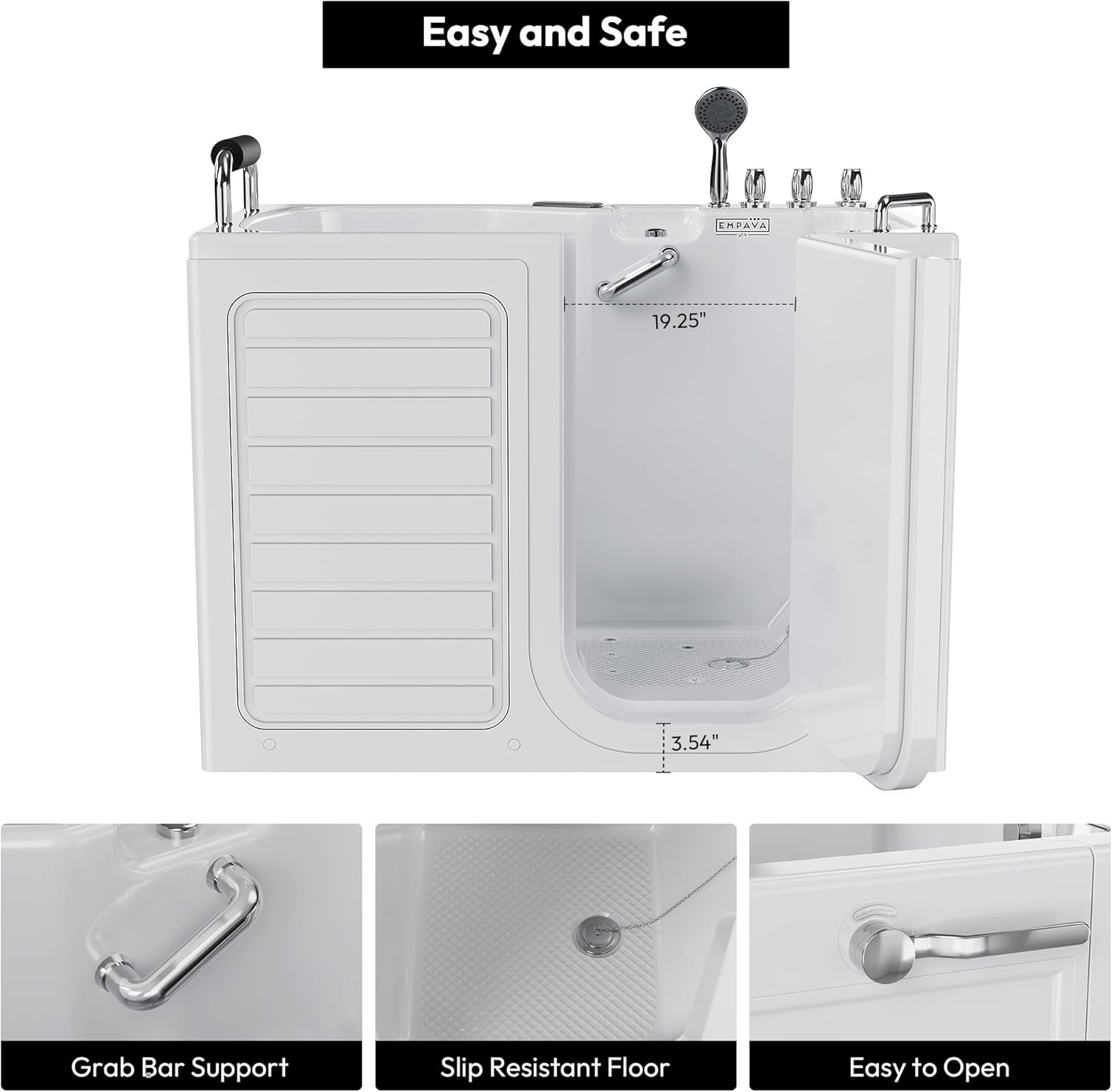 Empava Walk In Tub for Seniors,54" x 30'' Right Drain,12 Air & 13 Whirlpool Massage Jets Bathtub,with built-in Heater,2 Safety Handrail,19.25" Wide Right Outswing Door,Slip-Resistant Floor,Acrylic