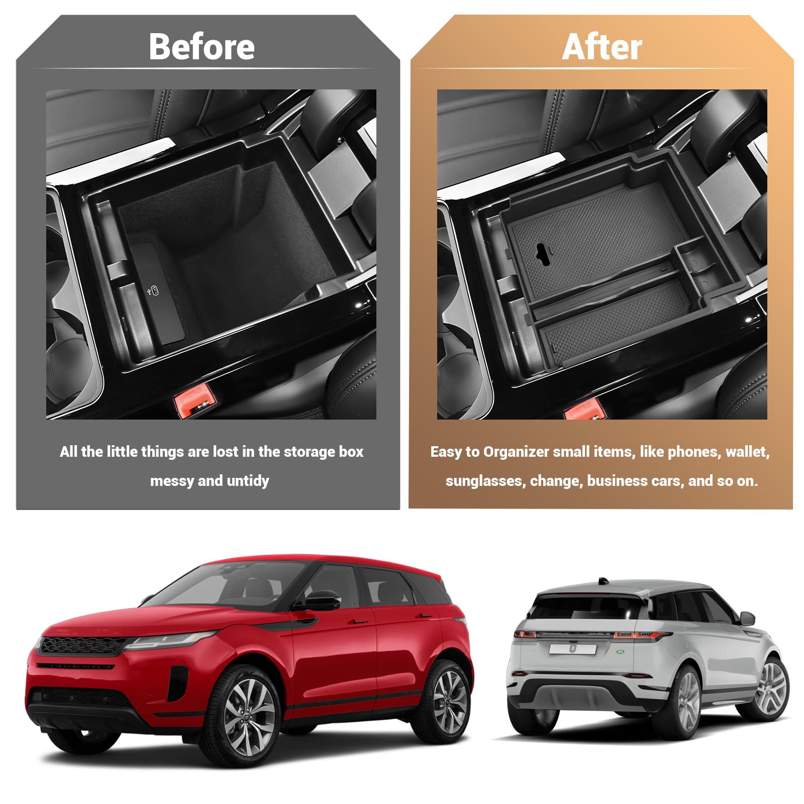 YEE PIN Evoque pudełko do przechowywania kompatybilne z Range Rover Evoque 2022/2023, konsola środkowa, organizer do podłokietników, akcesoria, z antypoślizgową matą