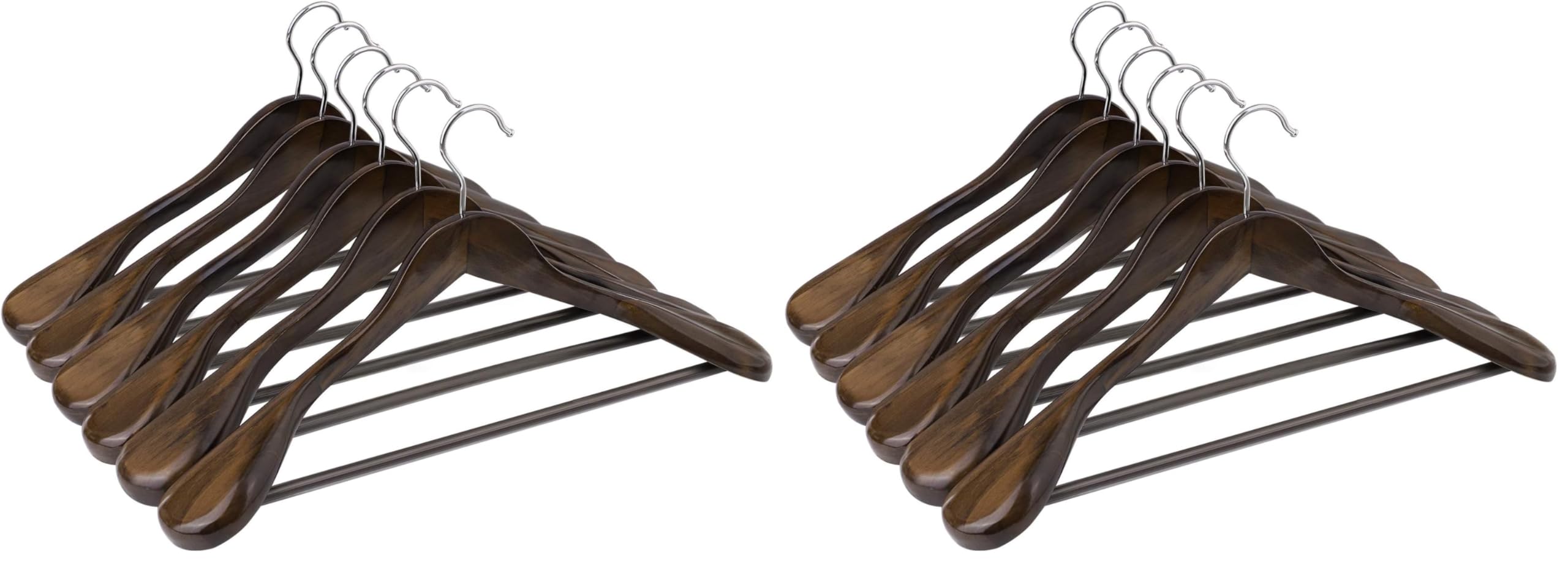SONGMICS Grucce per Completi, Set di 12, Grucce con Spalline Extra Larghe in Legno Massiccio, Antiscivolo per Cappotti, Gonne, Giacche, Pantaloni, Gancio Girevole a 360°, Noce Scuro CRSH06V