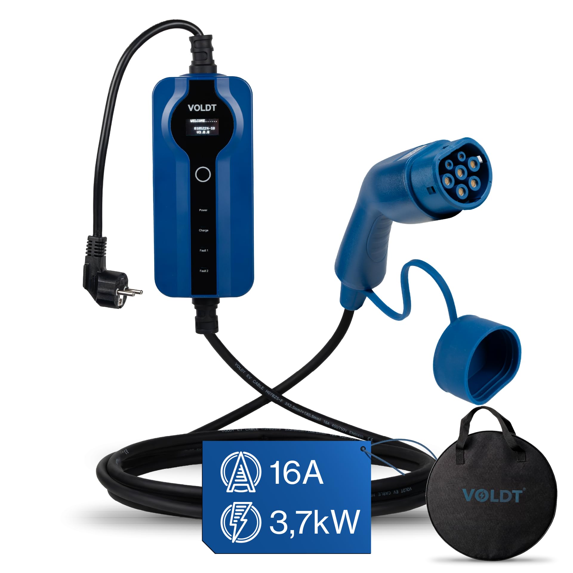 VOLDT Typ 2 Ladekabel Schuko 3,7 kW, 1-phasig, 8A - 16A, verstellbare EV-Ladegerät mit steuerbarer Digitalanzeige für Elektroauto, Ladekabel für Elektrofahrzeuge, IP67 wasserdich