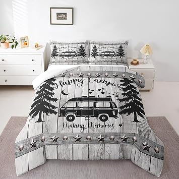Erosebridal Kids Camping Themed Bedding Twin Comforter Set Farmhouse Style Duvet Insert for Boys Girls Boho Farmhouse Bedroom Bedding Set, Happy Camping Quilts Camper Bedding for Travel Trailer