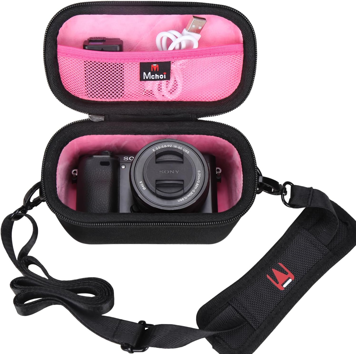 Mchoi Hard EVA Travel Case for Sony Alpha a6000/a6400/a6600/a6100/a5100 Mirrorless Digital Camera (Black and Pink)