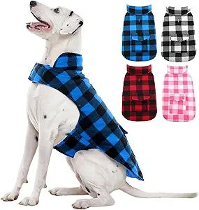 Kuoser Dog Winter Coat, Windproof Dog Fleece Jacket British Style Plaid Cold Weather Doggie Vest Coats, Reversible Cozy Warm Pet Clothes Apparel for Large Size Dogs L