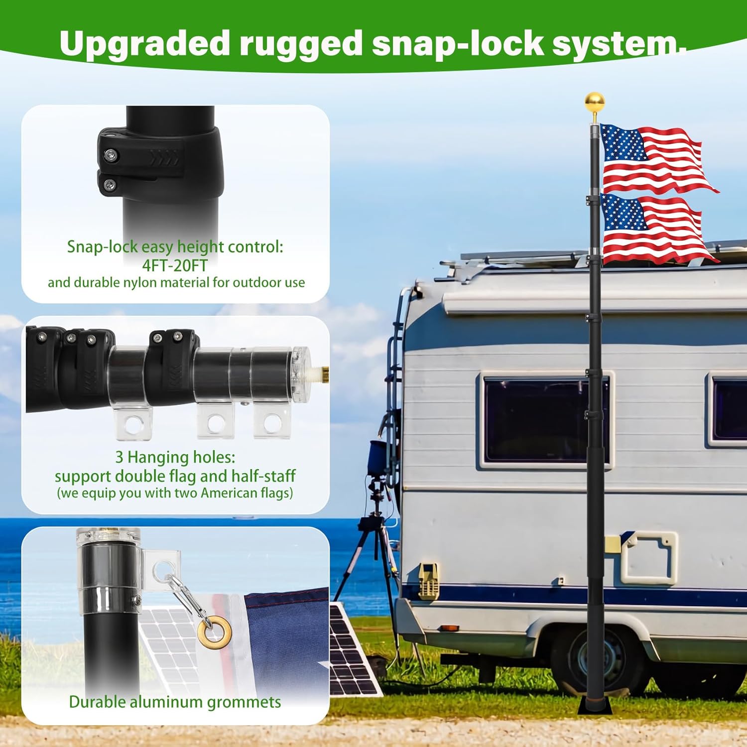 20FT Tailgate Flag Pole with Tire Mount for RV/Pickup/Sedan/SUV, Portable Telescopic Flag Pole Kit with 2× 20" Car Scratch-Proof Protective Tube,2 US Flag(3x5) ,60 MPH for Tailgating, Camping, Outdoor