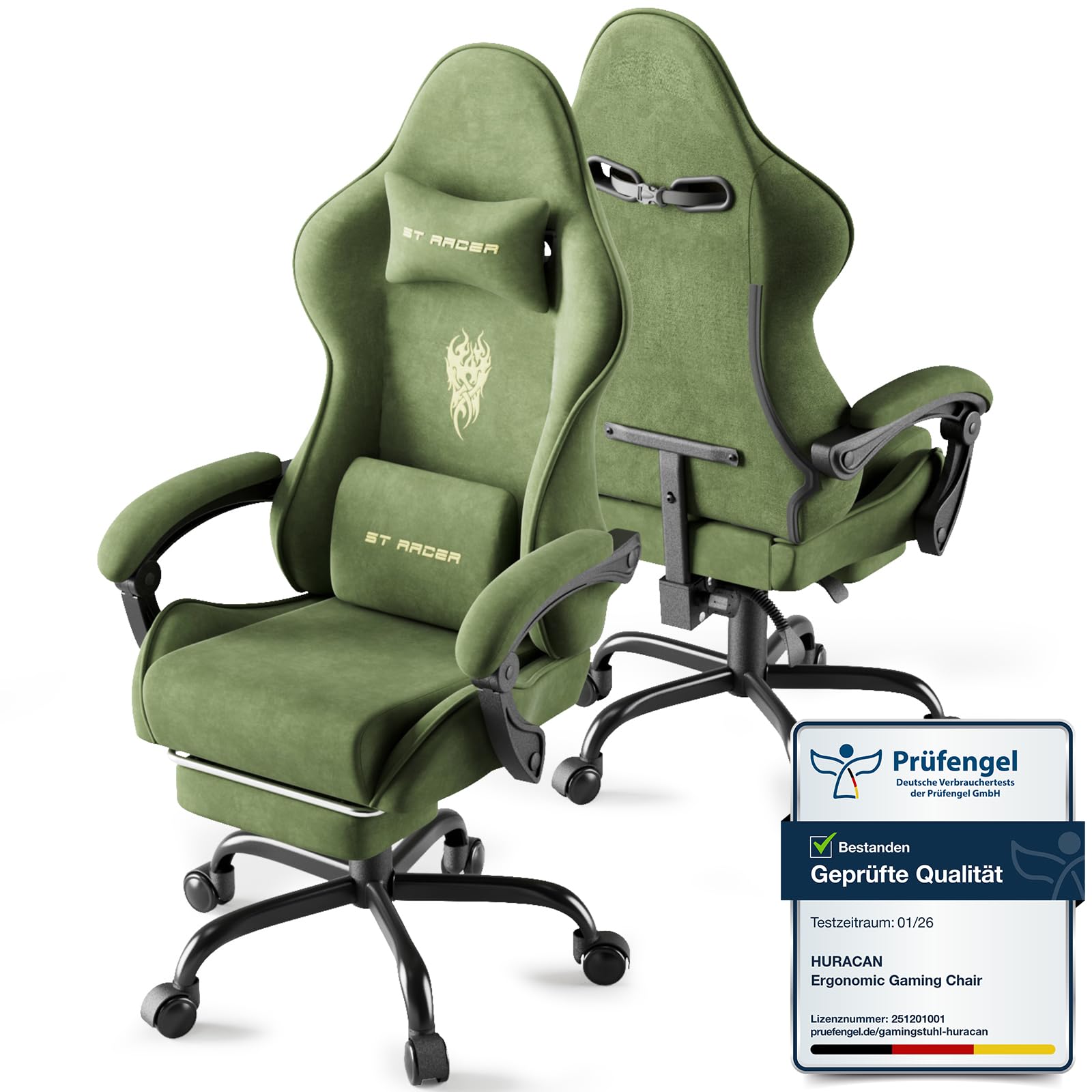 Huracan Sedia da gaming con massaggio lombare, Sedia da Gamer ergonomica, in tessuto di velluto, Poltrona da Gaming con poggiatesta regolabile e cuscino lombare, poggiapiedi, verde