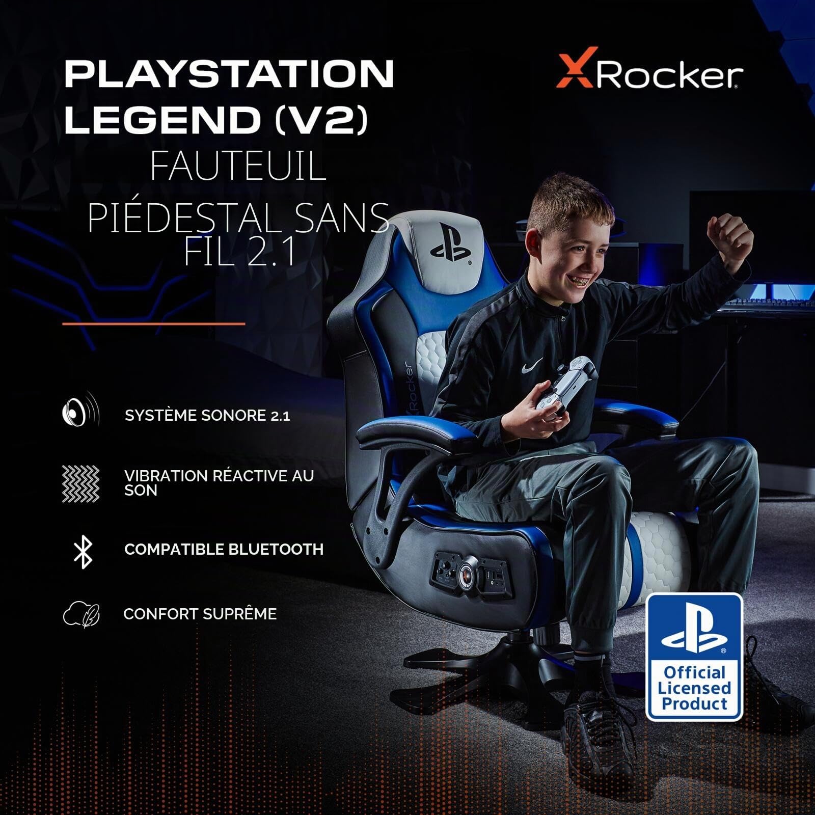 X Rocker Sony Playstation? Legend 2.1 Fauteuil de jeu avec système d'enceintes stéréo et moteur de vibration - bleu/noir/blanc