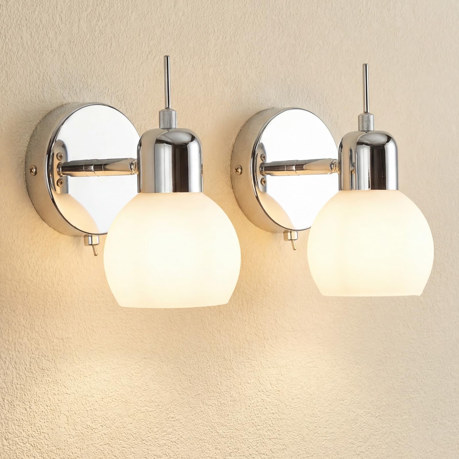 OSYNNIQ Modern Wall Sconce Light Set of 2, Chrome Finish Glass Globe Shade Wall Lamp, Indoor 3000K Warm Light for Bedroom Bedside Reading Hallway Corridor Stairs Hall(E14 Bulb Included)