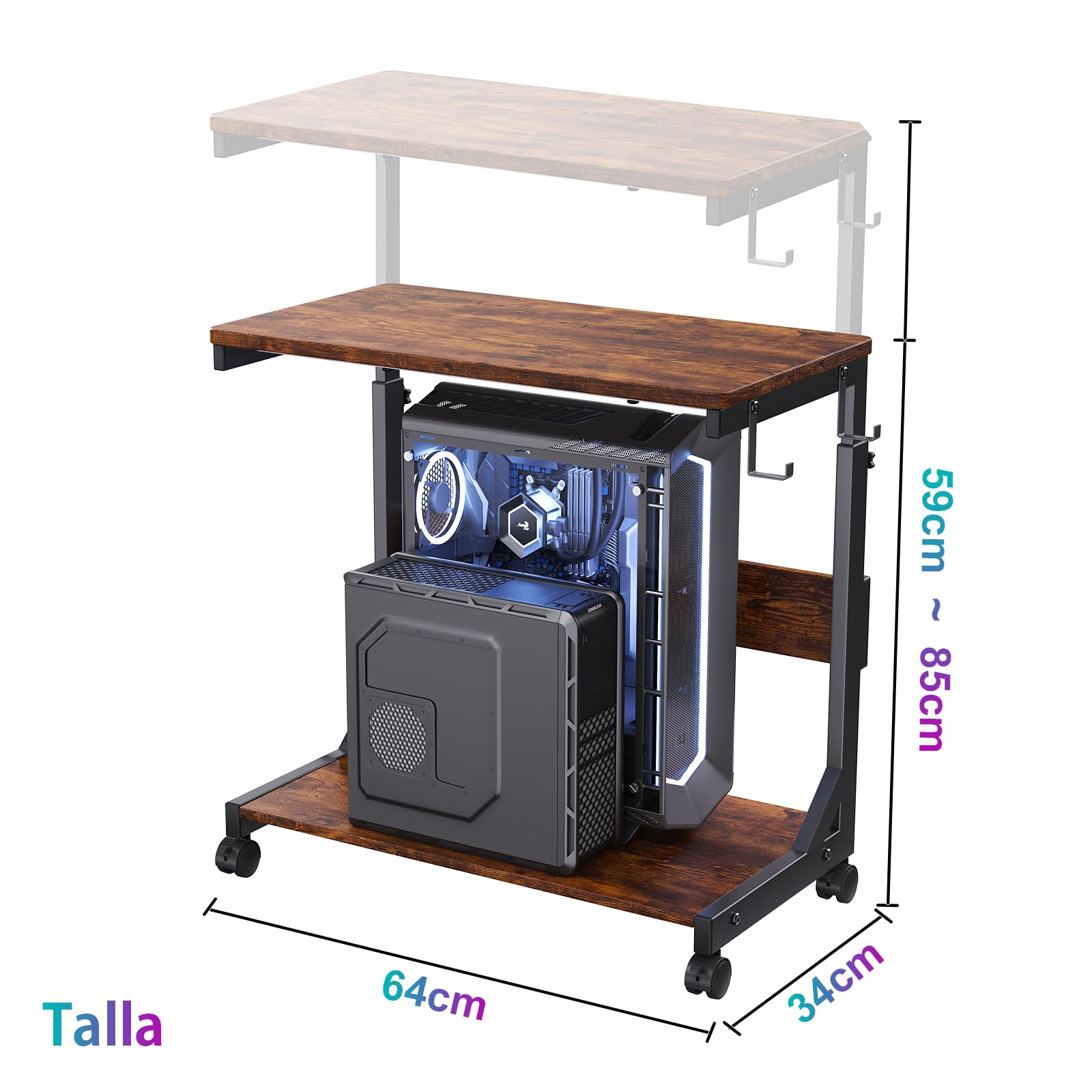 Soporte de torre para computadora de altura ajustable con carrito ATX de 2 niveles, soporte de computadora de pie, soporte de impresora con espacio de almacenamiento, ruedas de bloqueo, se adapta a la