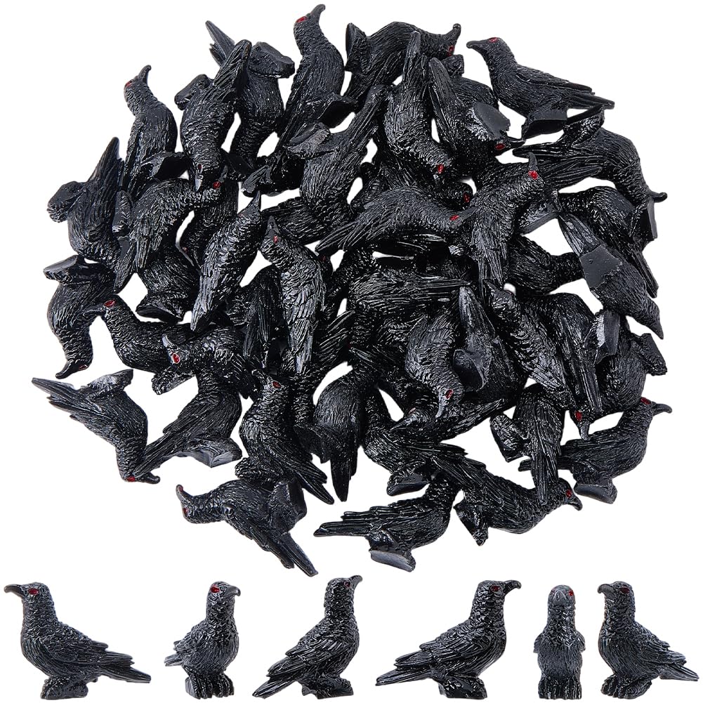 SOFPLATE 50Pcs Small Resin Crows Mini Halloween Miniatures Black Gothic Spooky Birds Crow Raven Animals Displays Figures Decorations for Micro Landscape Home Garden Party Tables Decors DIY Crafts
