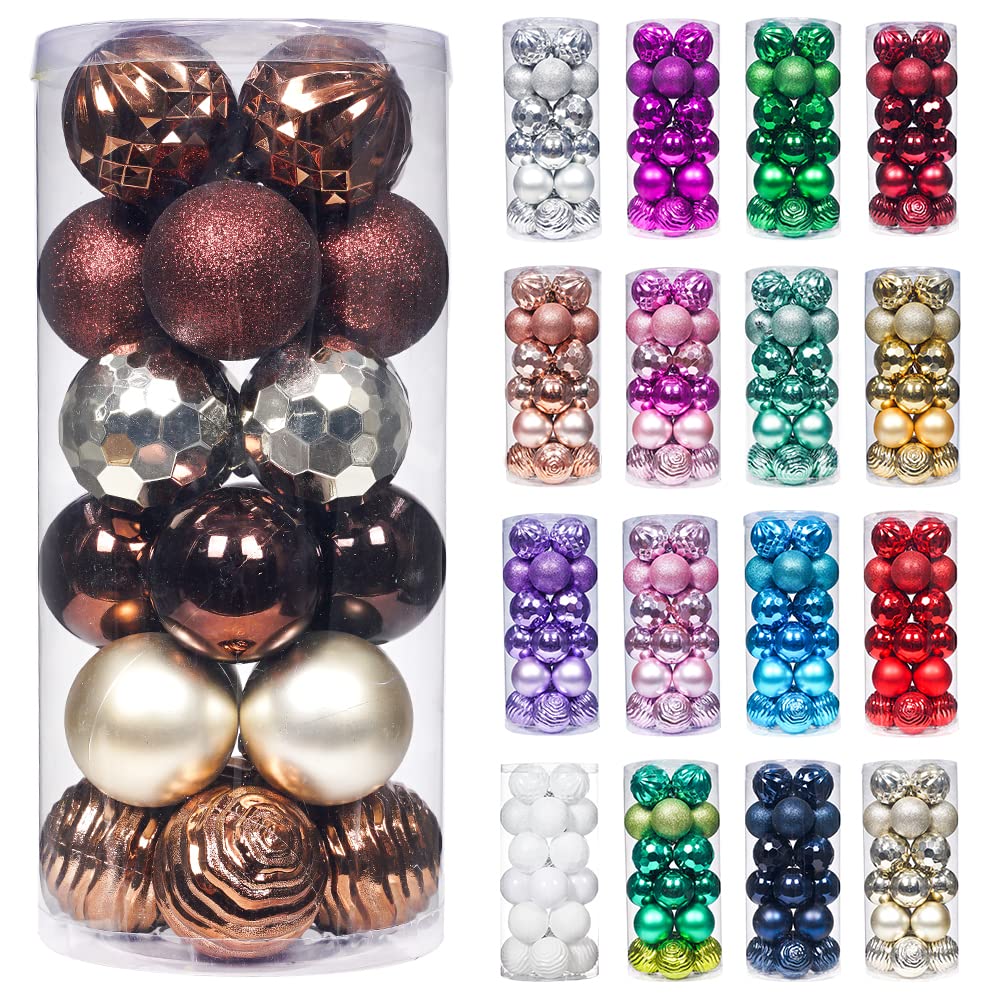 xmasexp 24ct christmas ball ornaments shatterproof xmas tree hanging balls decorations perfect for holiday wedding christmas decor(2.36"/60mm, brown and champagne)