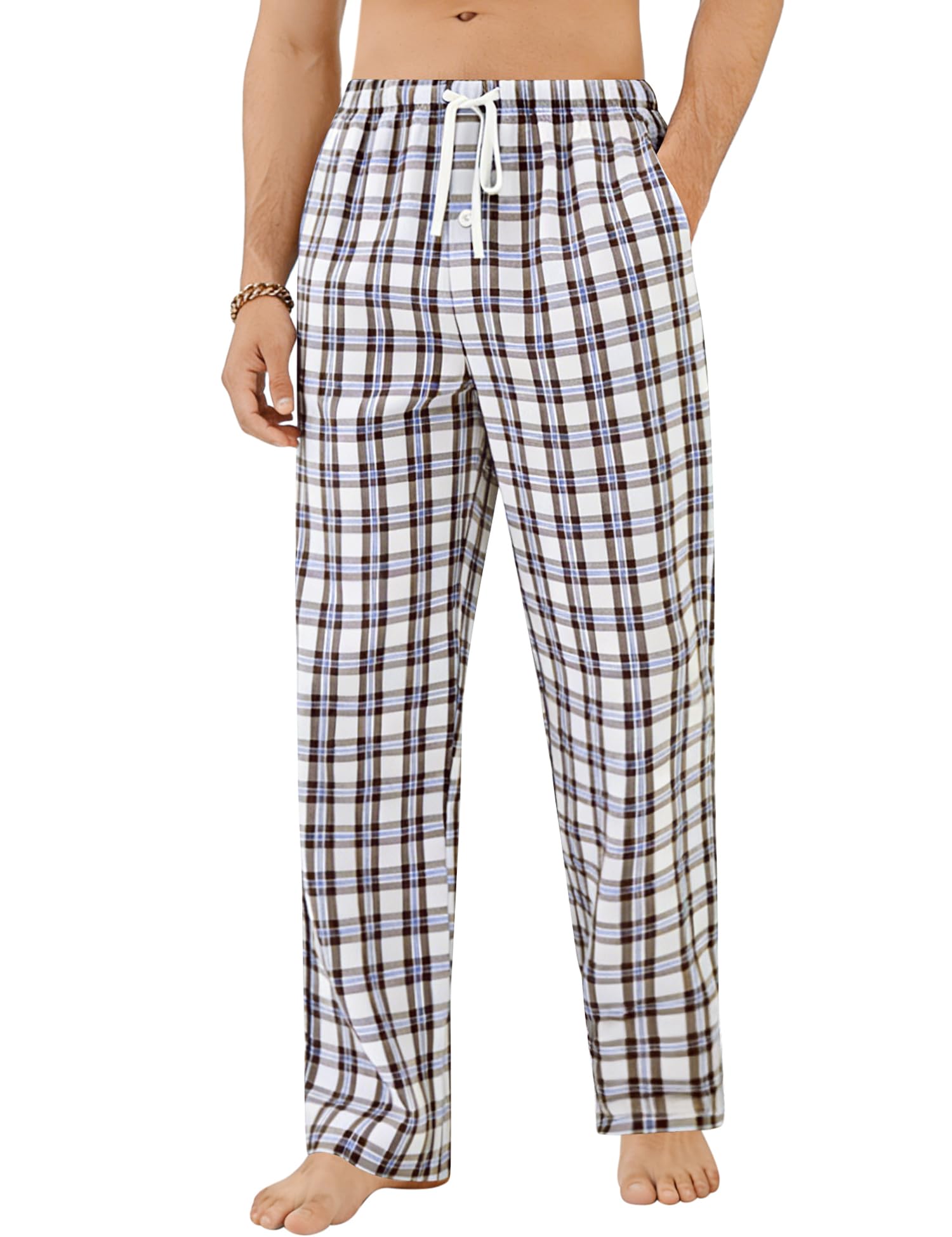 Men 100% Cotton Plaid Pajama Pants Striped Pj Trousers Drawstring Gingham Bottoms Casual Lounge Pants with Pockets-image-6