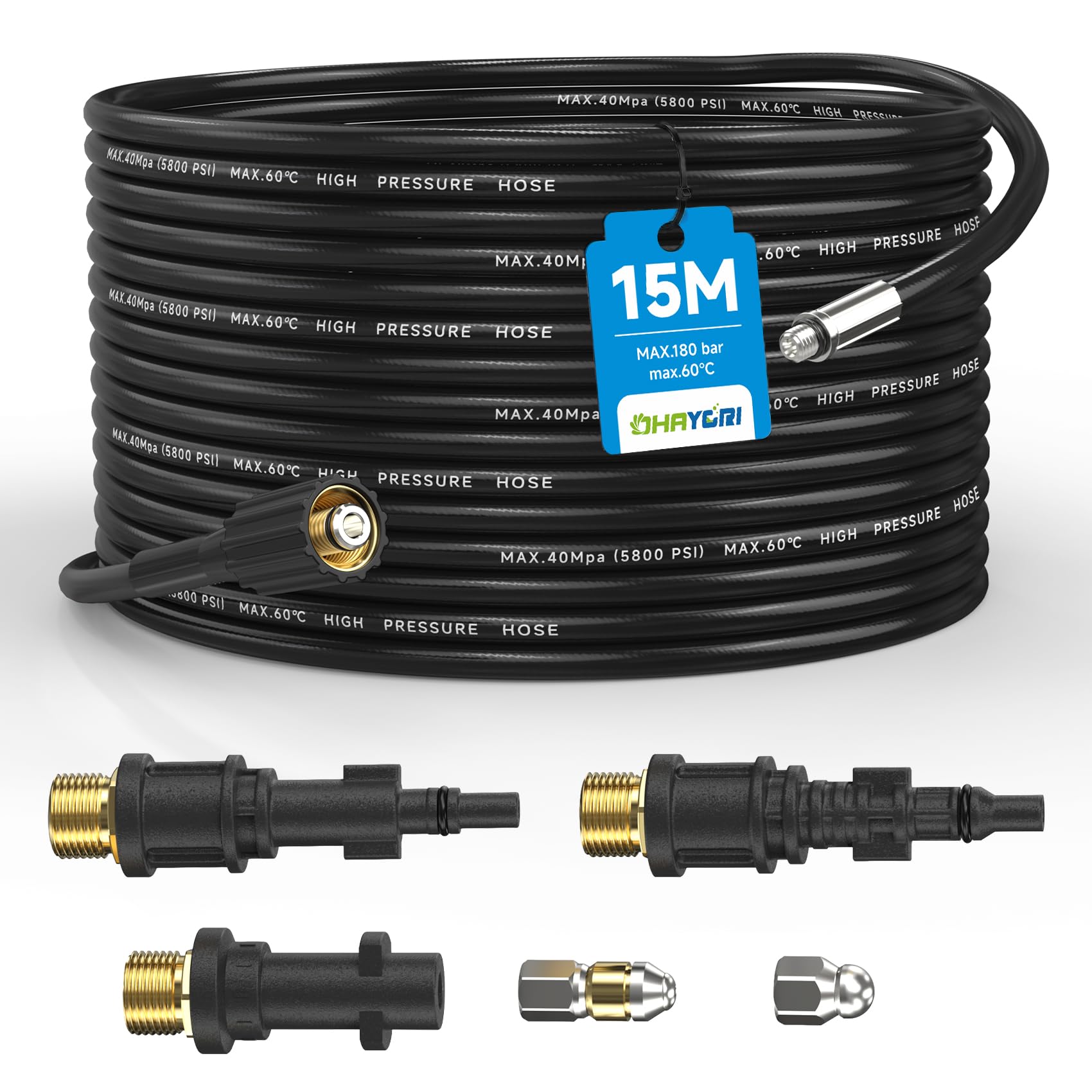15M Manguera Desatascador Tuberias a Presion para Kärcher, Lavor, Bosch | 180Bar Kit Limpieza Tuberías, 2 Boquillas Fijas+Giratorias, para Hidrolimpiadoras Kärcher K2 K3 K4 K5 K6 K7 HD HDS y Parkside