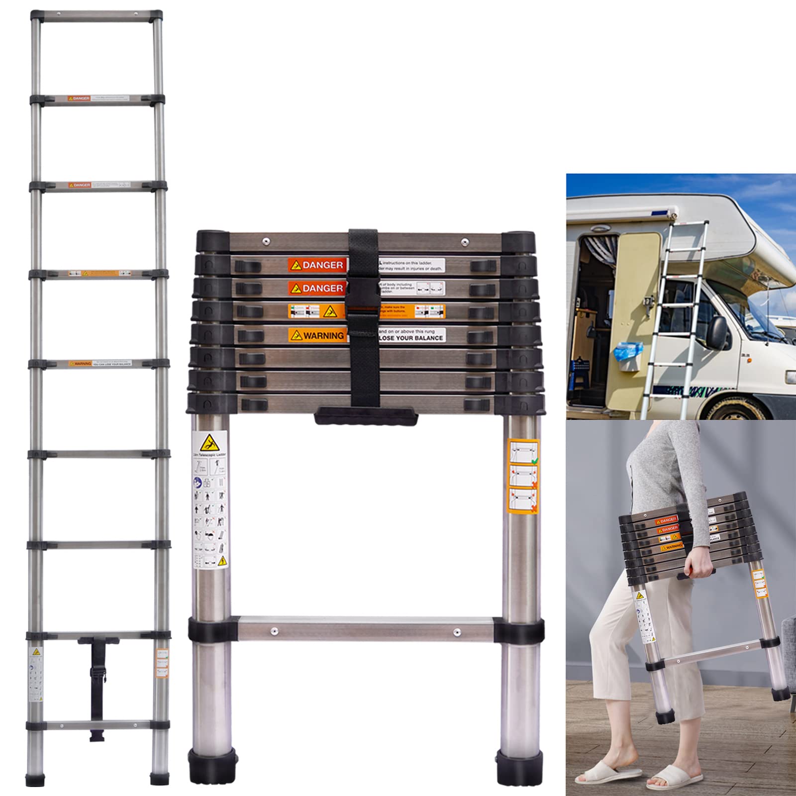 Tall Step Ladders Extension Ladders, 2.6M Telescopic Folding Ladder, Foldable Portable Attic Ladders, Non-slip Telescopic Extension Ladders Multi-Purpose Ladder Easy Carry for Indoor Outdoor DIY Tools