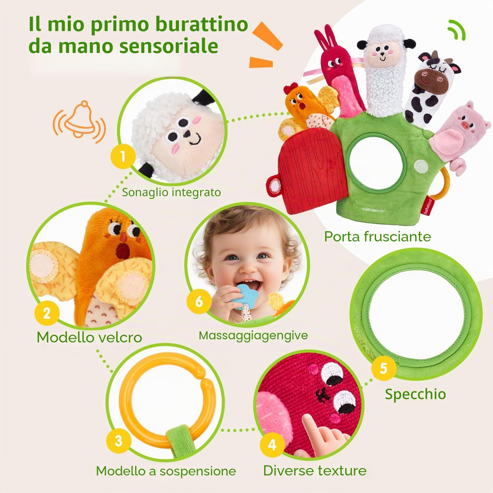 hahaland Giochi Sensoriali Neonati 6 Mesi, Guanto Marionetta della Fattoria Interattivi Gioco Montessori 6 Mesi, con Sonaglio/Specchio, Tummy Time Neonato 3 6 9 12 Mesi