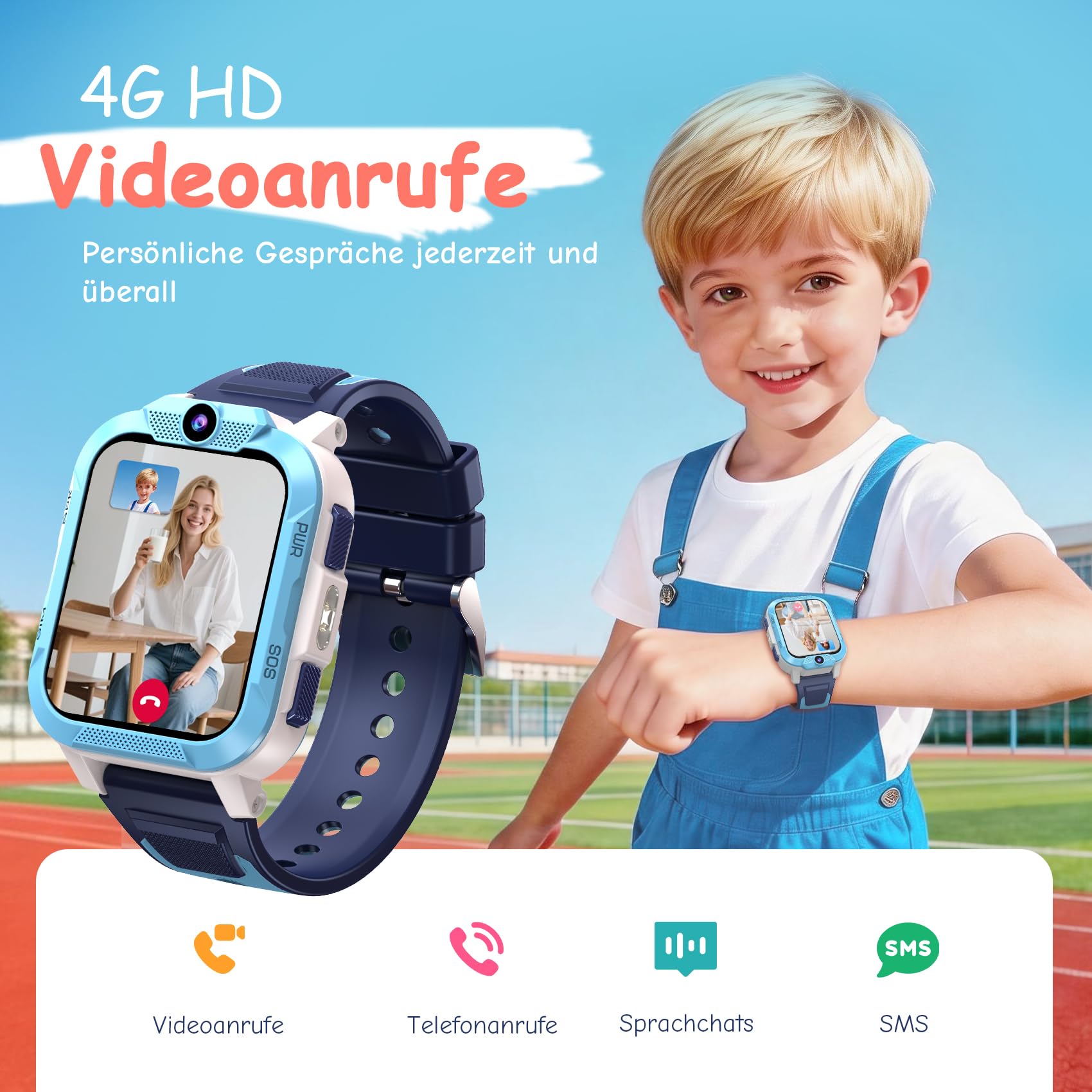 IOWODO Smartwatch Kinder mit GPS und Telefon 4G, 850mAh 7-Tage Akku, SOS-Notruf, Schulmodus, IP68 Wasserdicht, Sprachanruf, Pedometer, Geschenk für Jungen & Mädchen, 4-12 Jahren, Blau