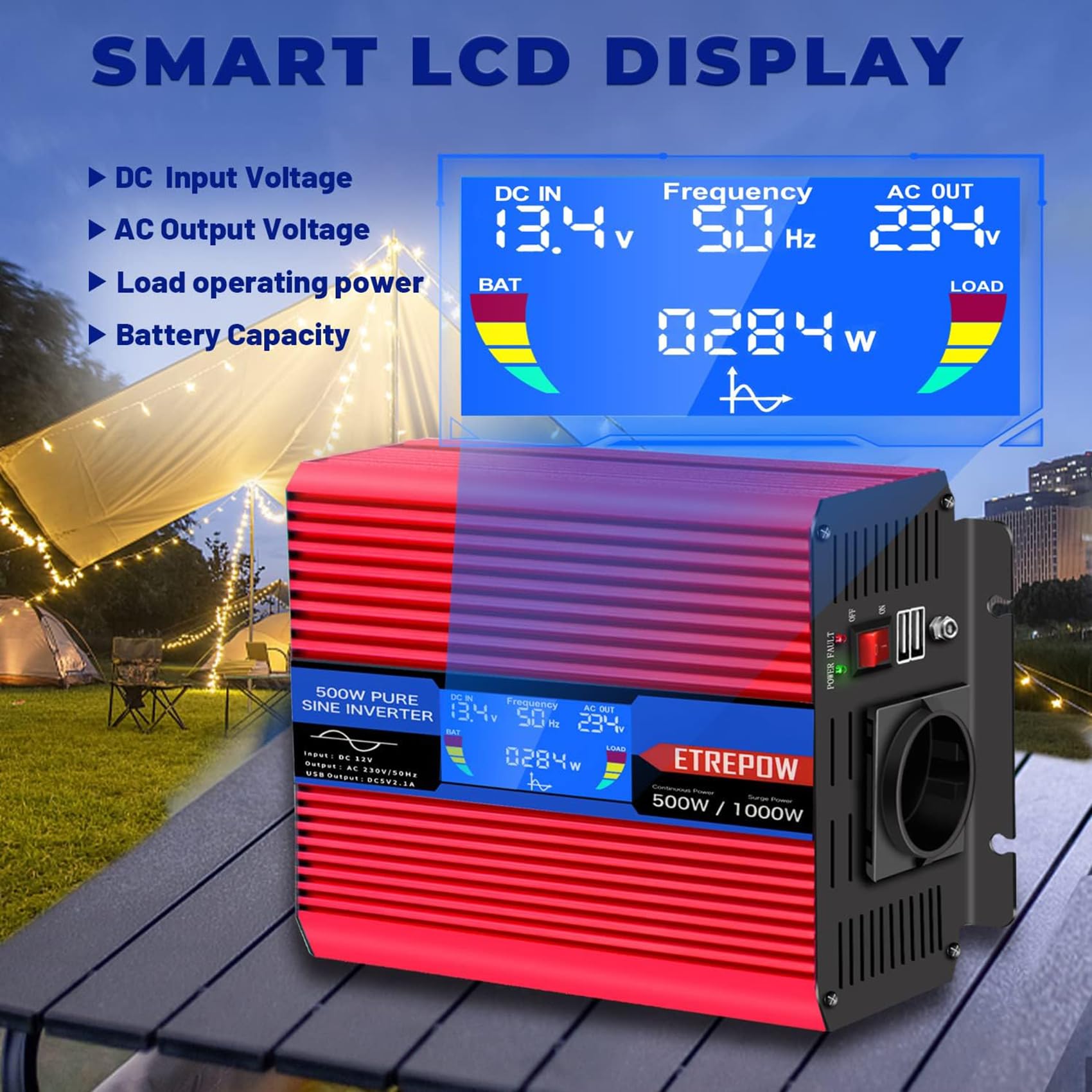 500w Wechselrichter 12v auf 230v Reiner Sinus Spannungswandler mit 2 USB,Drahtlose Fernsteuerung,LCD Bildschirm -Spitzenleistung 1000w Kfz Inverter