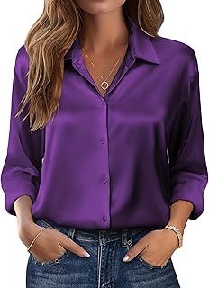 Womens Tops Long Sleeve Satin Silk Button Down Shirts Casual Business Dressy Blouses Fall Clothes