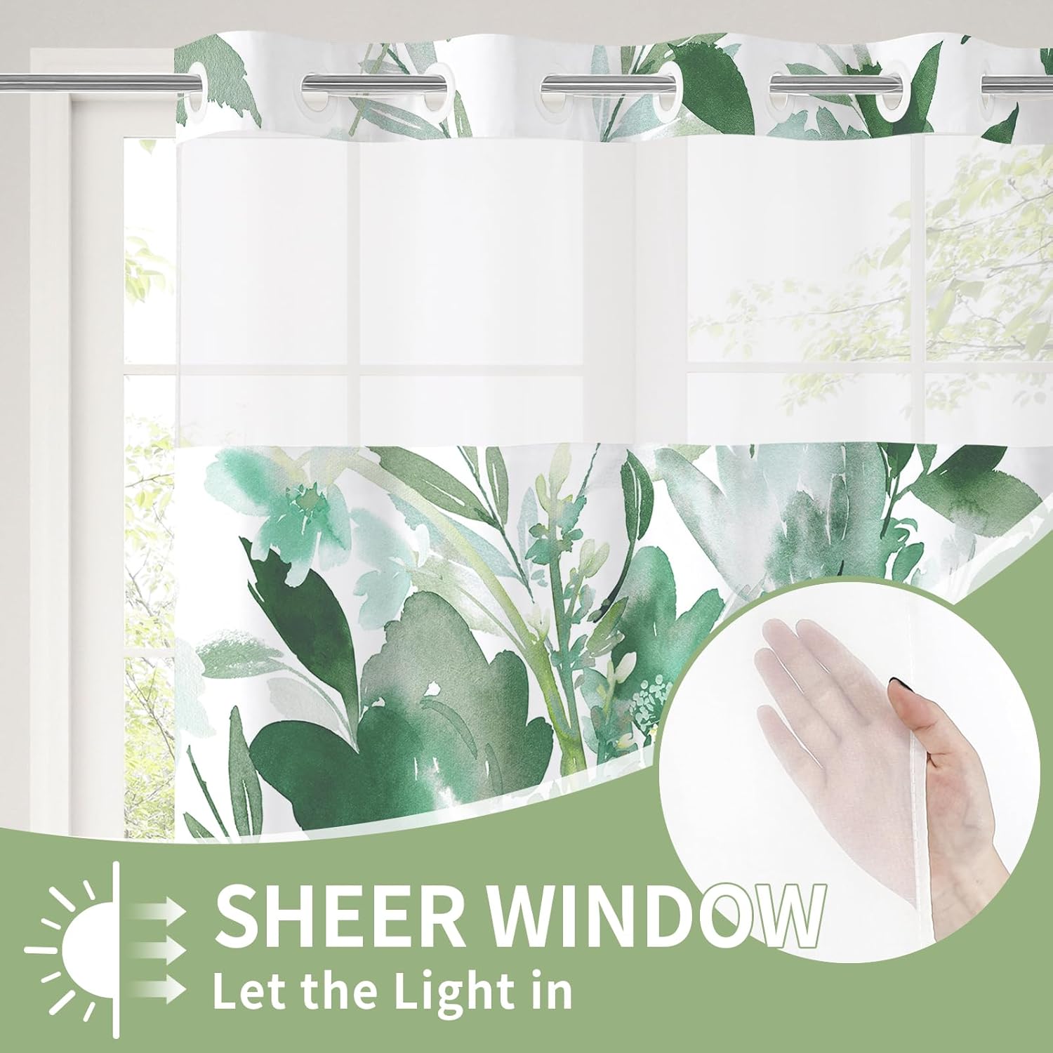 Litabel No Hook Sage Watercolor Floral Shower Curtain and Liner Set, Flower Shower Curtains with Snap in Liner for Summer Green Bathroom Decor, White Botanical Waterproof Shower Curtain Set,72x74