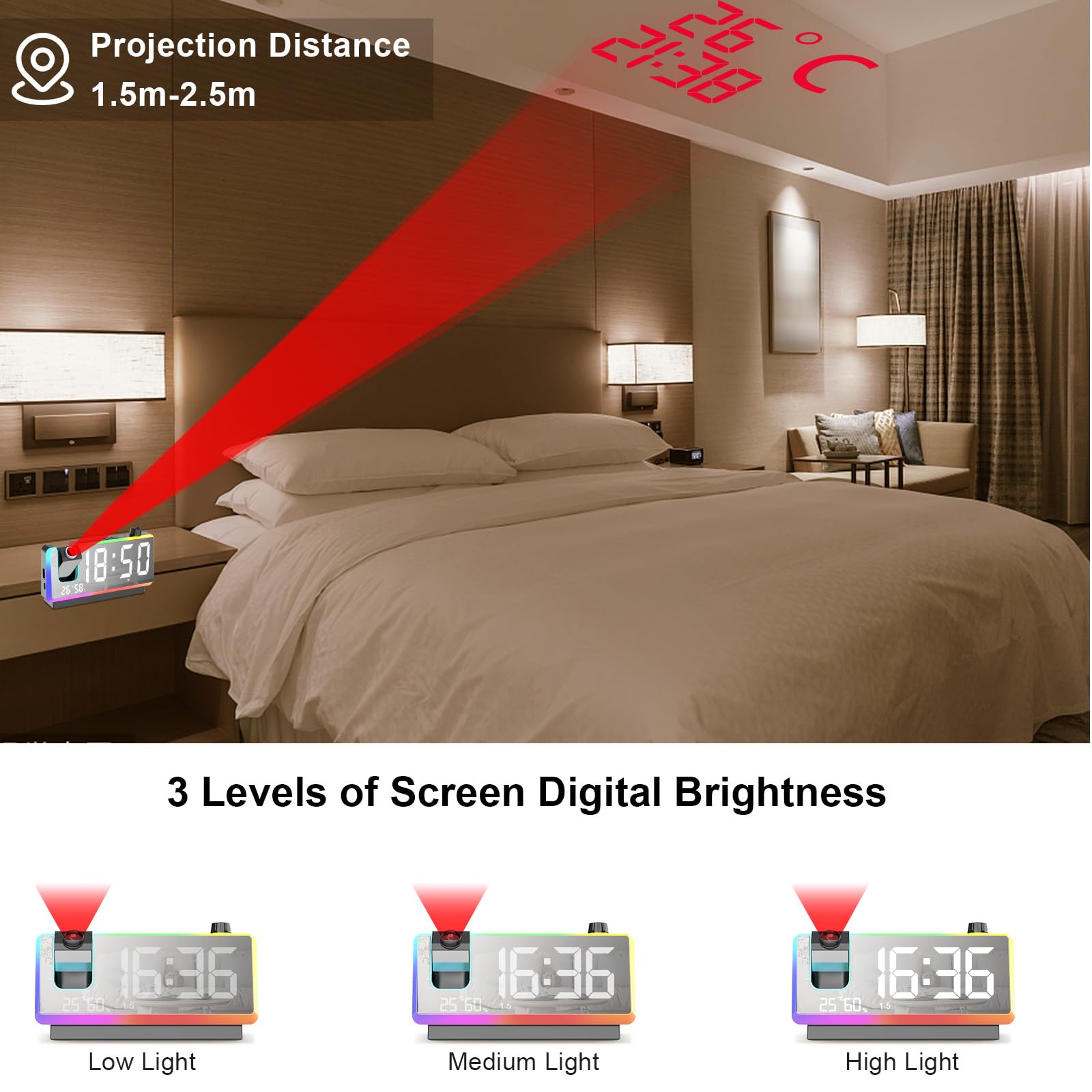 Cuteefun Sveglia con Proiettore Soffitto, Sveglia Digitale da Comodino, Luce Notturna RGB 8 Modalità, Proiettore 180°, Doppia Porta USB, 3 Livelli Luminosità, Temperatura e Umidità, Snooze, Nero