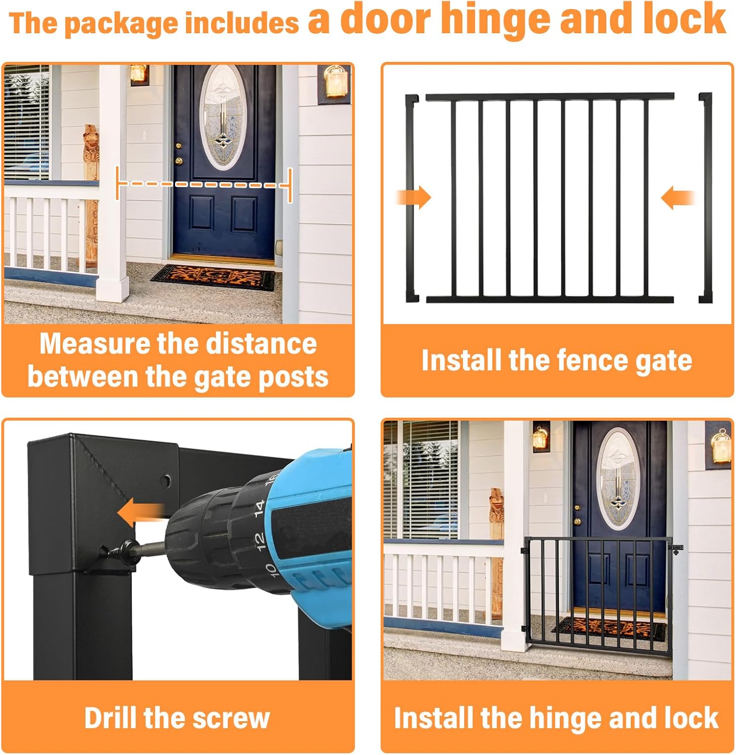 Deck Gate Outdoor, 38''Hx48''W Deck Railings Door Kit Metal Porch Gate Kit with Latch and Hinge Heavy Duty Steel Anti-Rust Fence Door for Deck Railing Patios, Garden, Yard