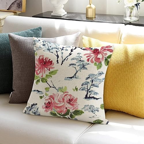 Miniatura 6 de MangGou Chinoiserie - Funda de almohada de 18 x 18 pulgadas, diseño de bonsái asiático, diseño floral, color rosa y azul marino