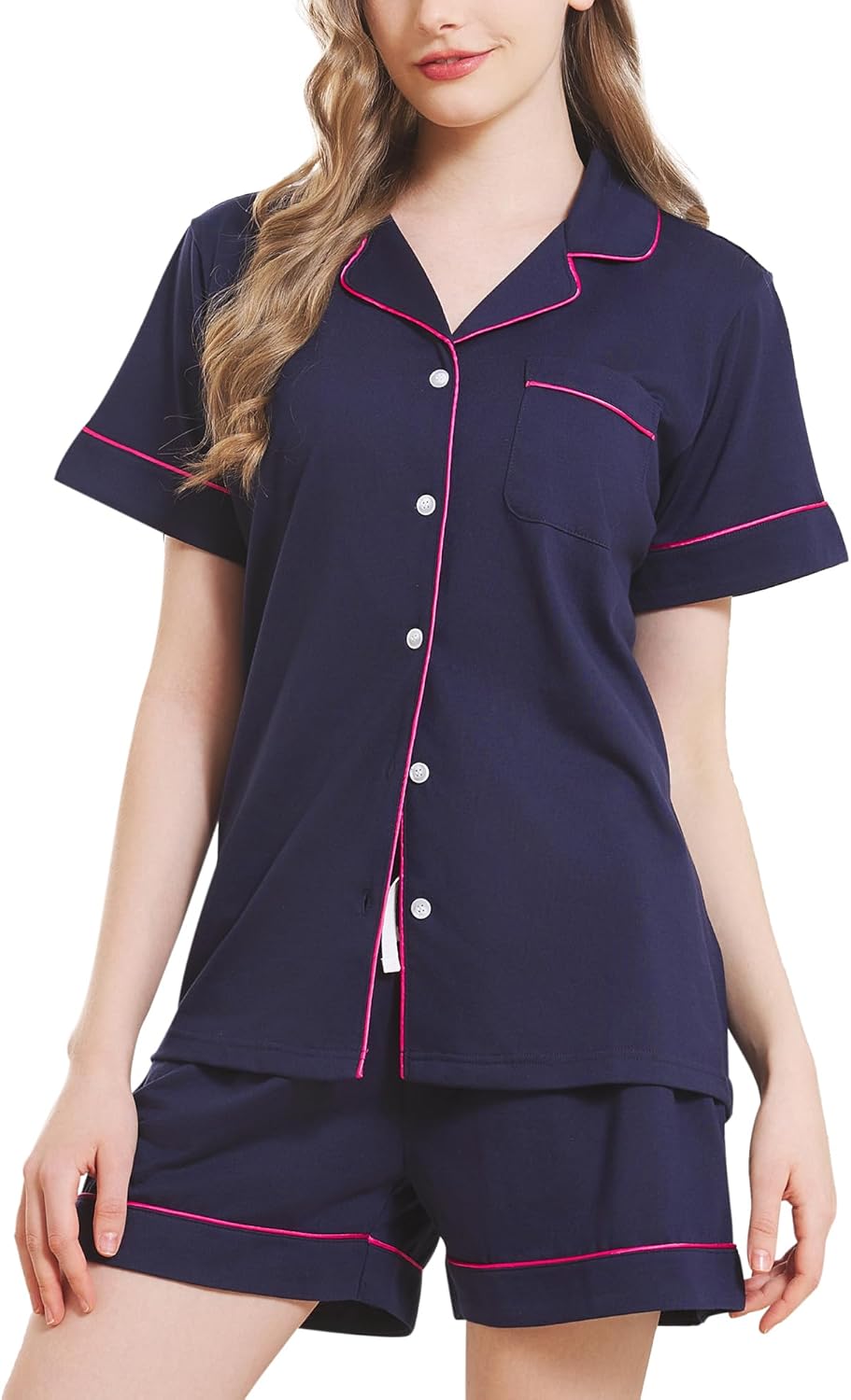 HEARTNICE Pajamas for Women, Button Down Pajama Shorts Set Summer Solid Pjs Sets