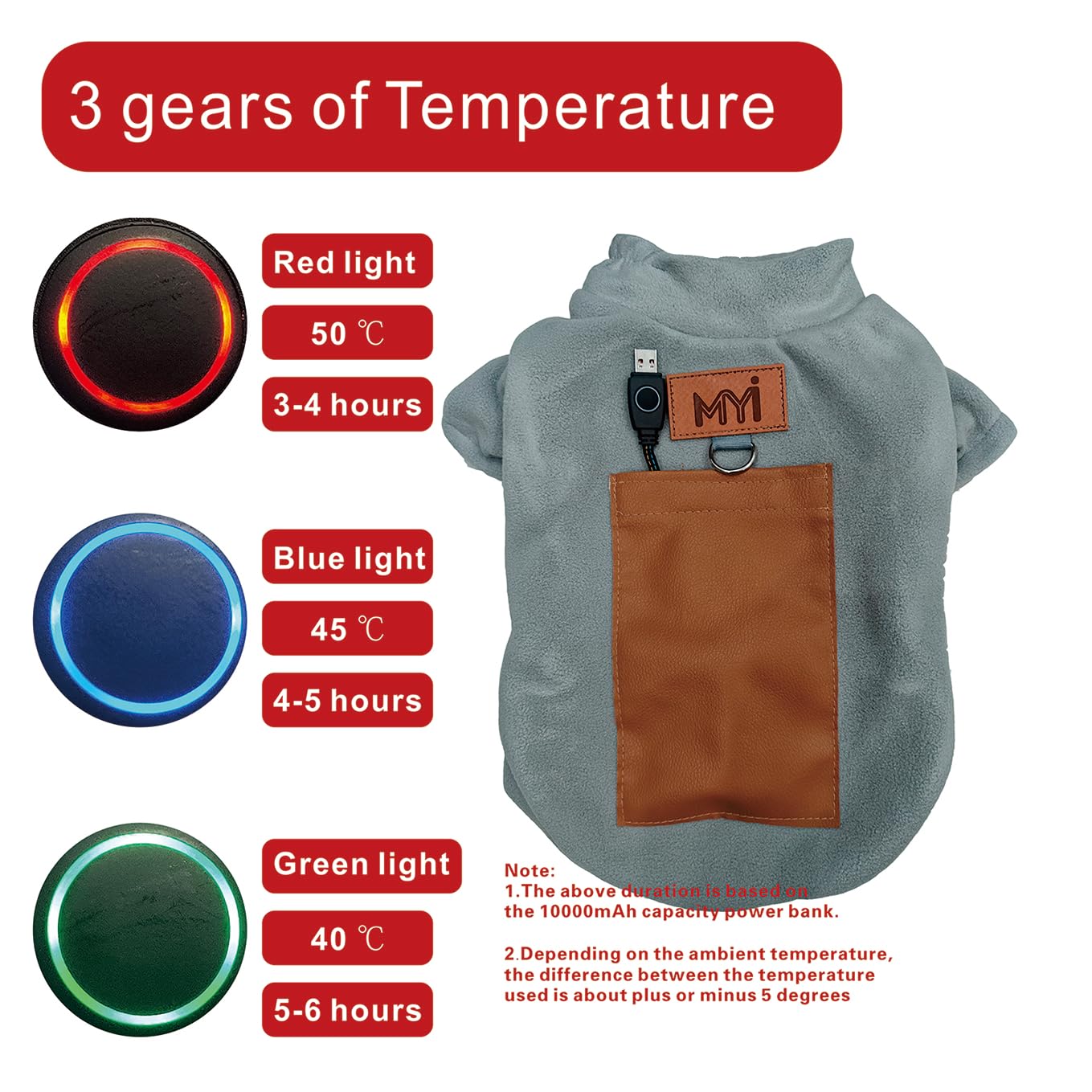MYI Manteau chaud d'hiver pour chiens de petite taille et moyenne et grande taille Veste froide à l'extérieur/à l'intérieur - Gris-L (piles non incluses)