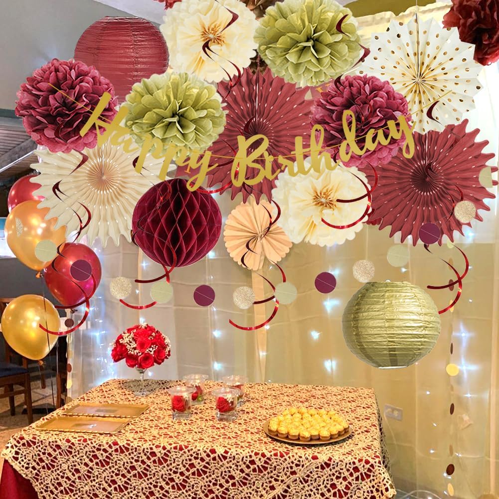 Burgundy Birthday Decorations for Women Maroon and Gold Party Decorations Tissue Paper Pom Poms Paper Fans Lanterns Maroon Birthday Decorations with Happy Birthday Banner Gold Circle Garland