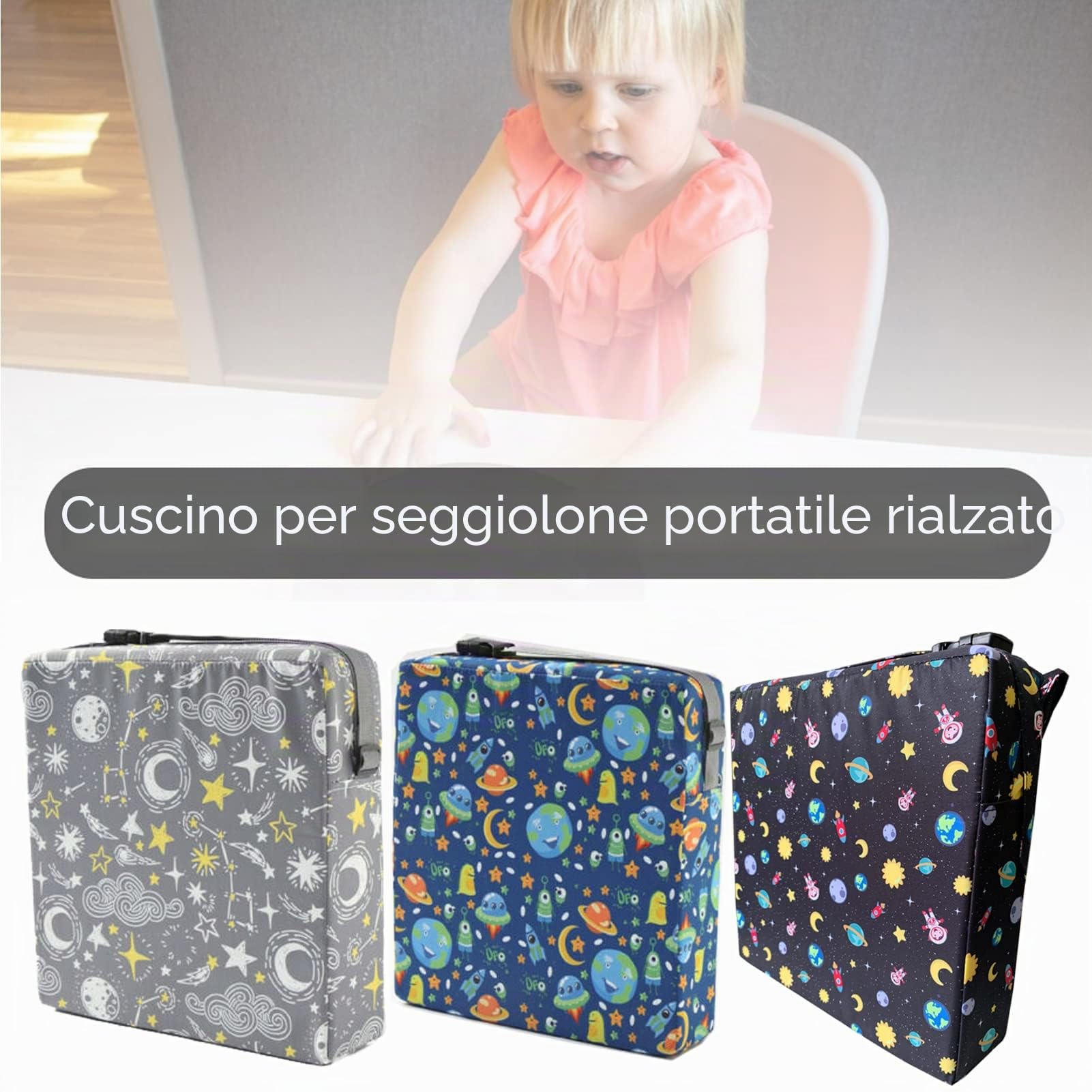 Taeku Cuscino Rialzo, Regolabile Lavabile Cuscino per Sedia Seggiolino Rialzo Booster Seat con 2 Sicurezza Fibbie per Tavolo da Pranzo (Pianeta Nero)