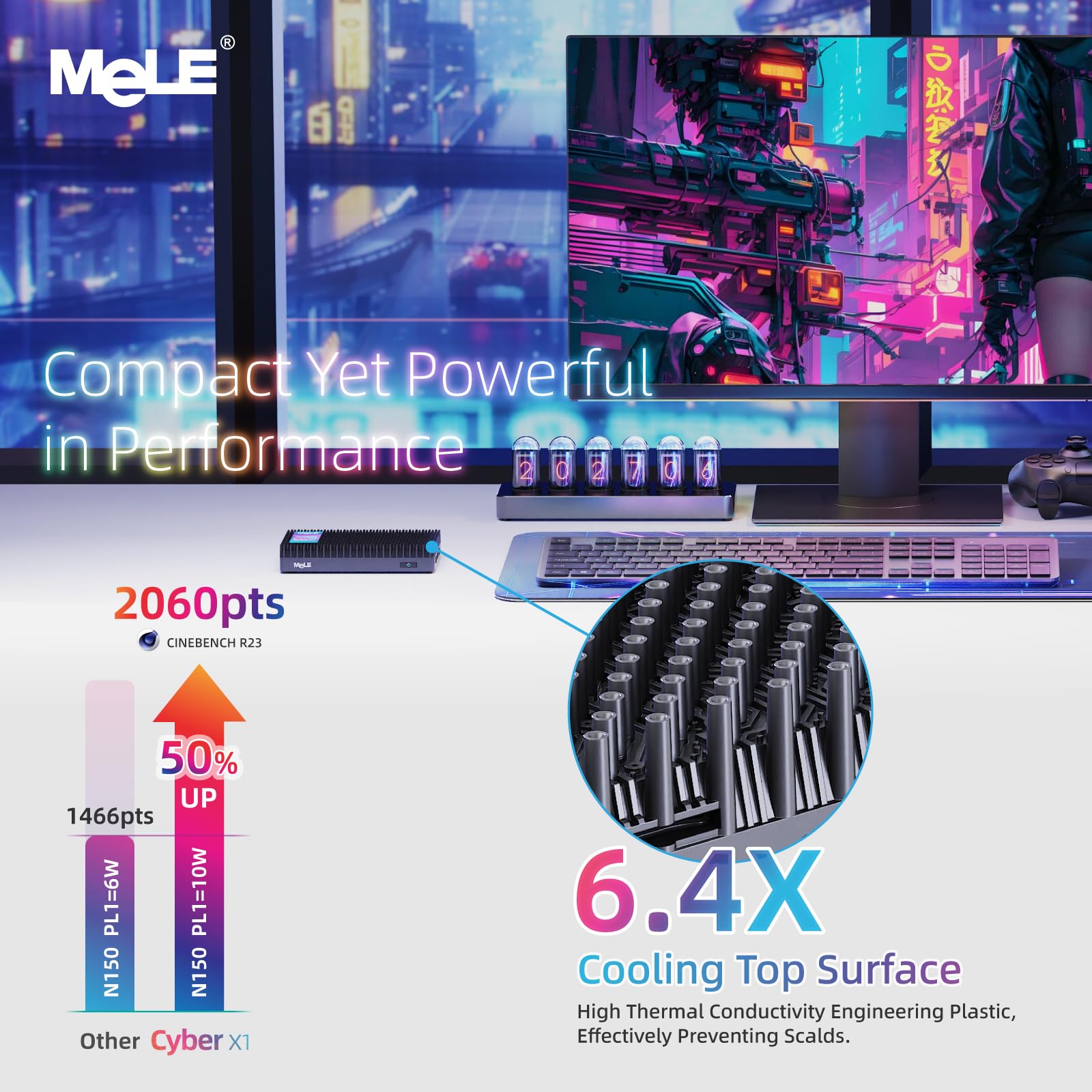 MeLE Cyber X1 Lüfterloser Mini PC N150 16GB 512GB Kleiner Desktop Computer | bis zu 3.6GHz, USB-C, 2 X HDMI, Dreifach-Display, mit VESA, Rund um die Uhr stabil, automatisches Einschalten, Wake-on-LAN