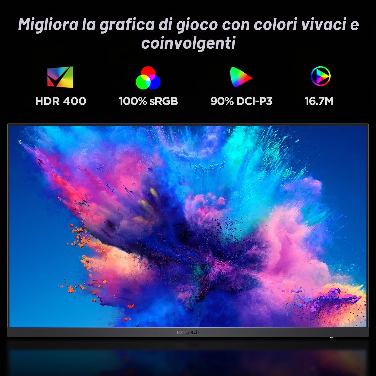 KOORUI 27 Pollici Monitor Gaming 2K, PC Schermo 240Hz QHD(2560x1440), IPS, 1ms, 2xHDMI2.0 & DisplayPort1.2, Adpitive Sync, 100% sRGB, HDR 400, VESA, Regolabile in Altezza, Eye Care