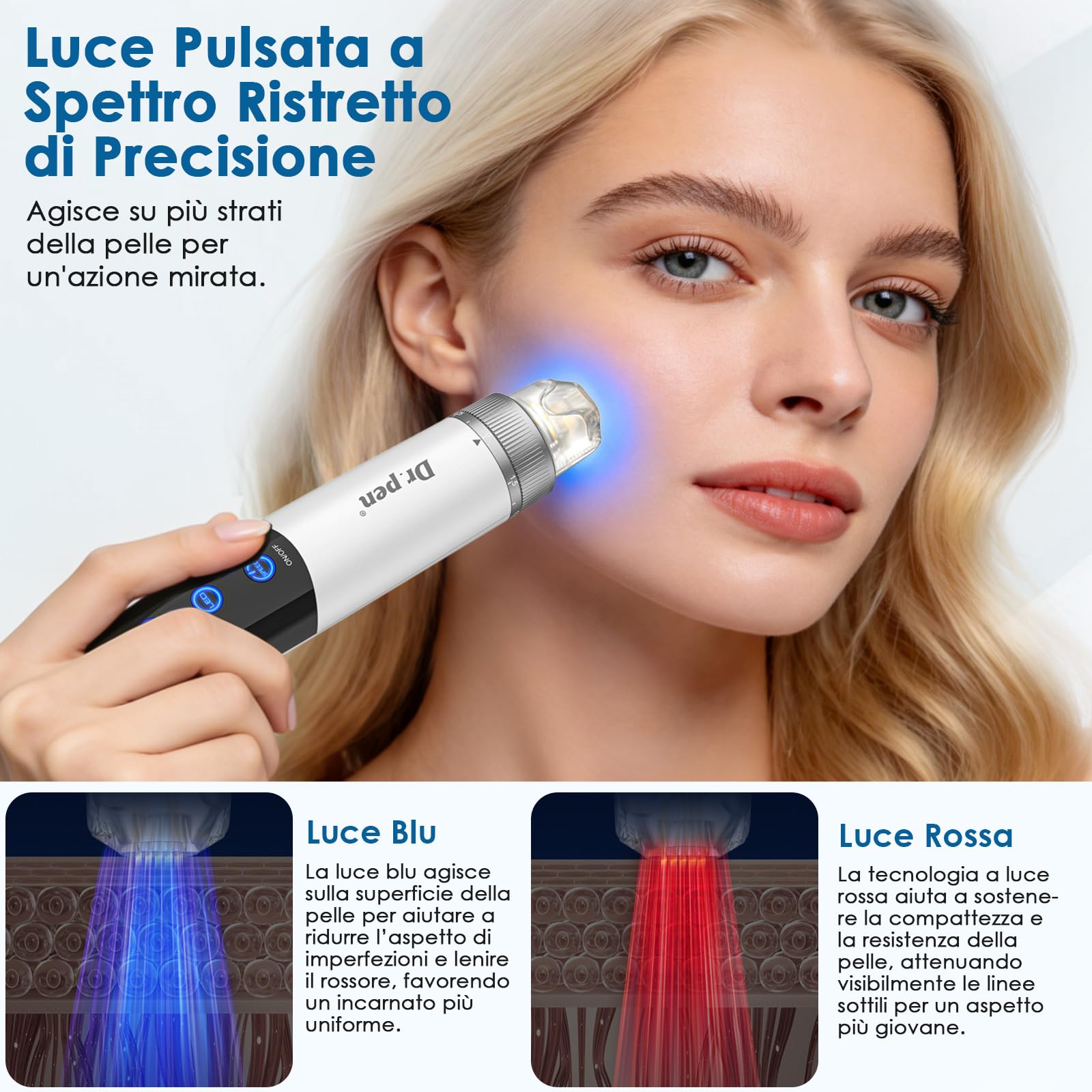 Dr. Pen Q1S Microneedling Pen, 3-IN-1 Luce Rossa e Blu, 5 Velocità, 3 Livelli EMS, Kit Dermapen Senza Fili Viso