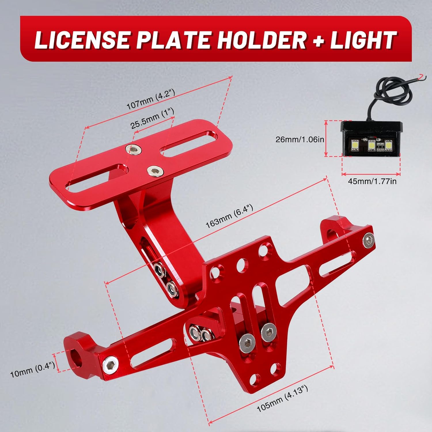 Motorcycle License Plate Bracket Holder With LED Light Universal Compatible With Suzuki Yamaha Kawasaki Ducati Honda BMW, Adjustable Fender Eliminator Kit(Red)