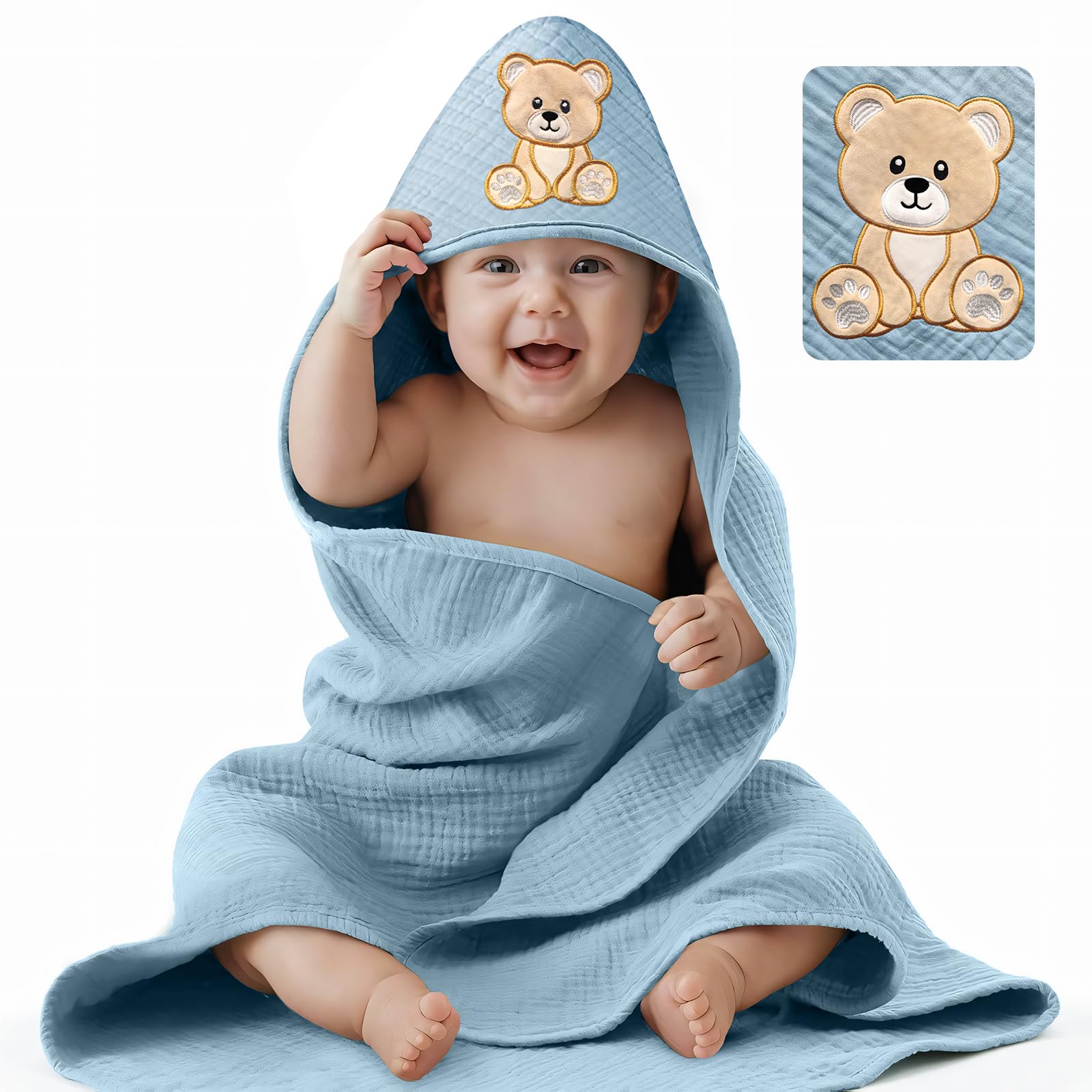 Mngevcy Kapuzenhandtuch Baby, 82 x 83 cm Baby Handtuch Kapuze, 3 Breilagigem Musselin Baumwolle Badeponcho Kinder, Babyhandtuch mit Kapuze Weich & Super Saugfähig für Babys 0-18 Monate, Blau
